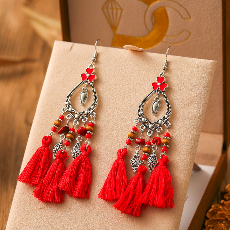 Fresh And Retro Tassel Multi-layer Irregular Stone Earrings Ornament