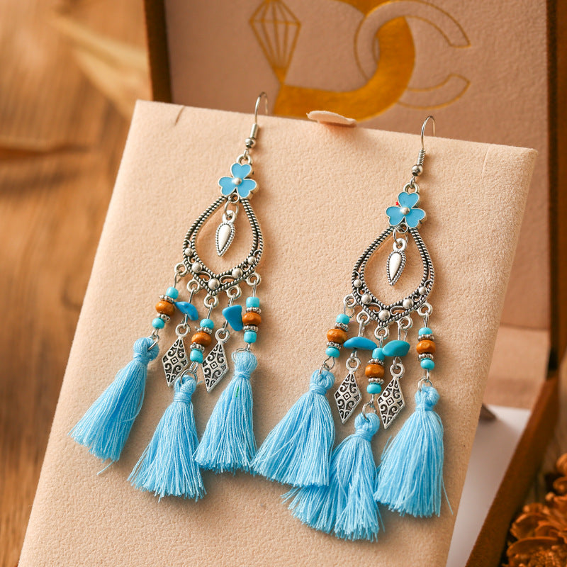 Fresh And Retro Tassel Multi-layer Irregular Stone Earrings Ornament