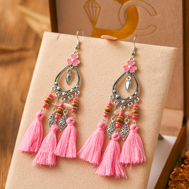 Fresh And Retro Tassel Multi-layer Irregular Stone Earrings Ornament